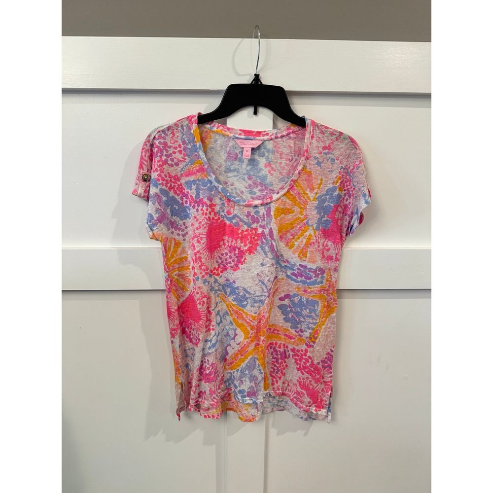 Lilly Pulitzer Small Paradise Pink Bohemian Beach Inara 100% Linen Starfish Top